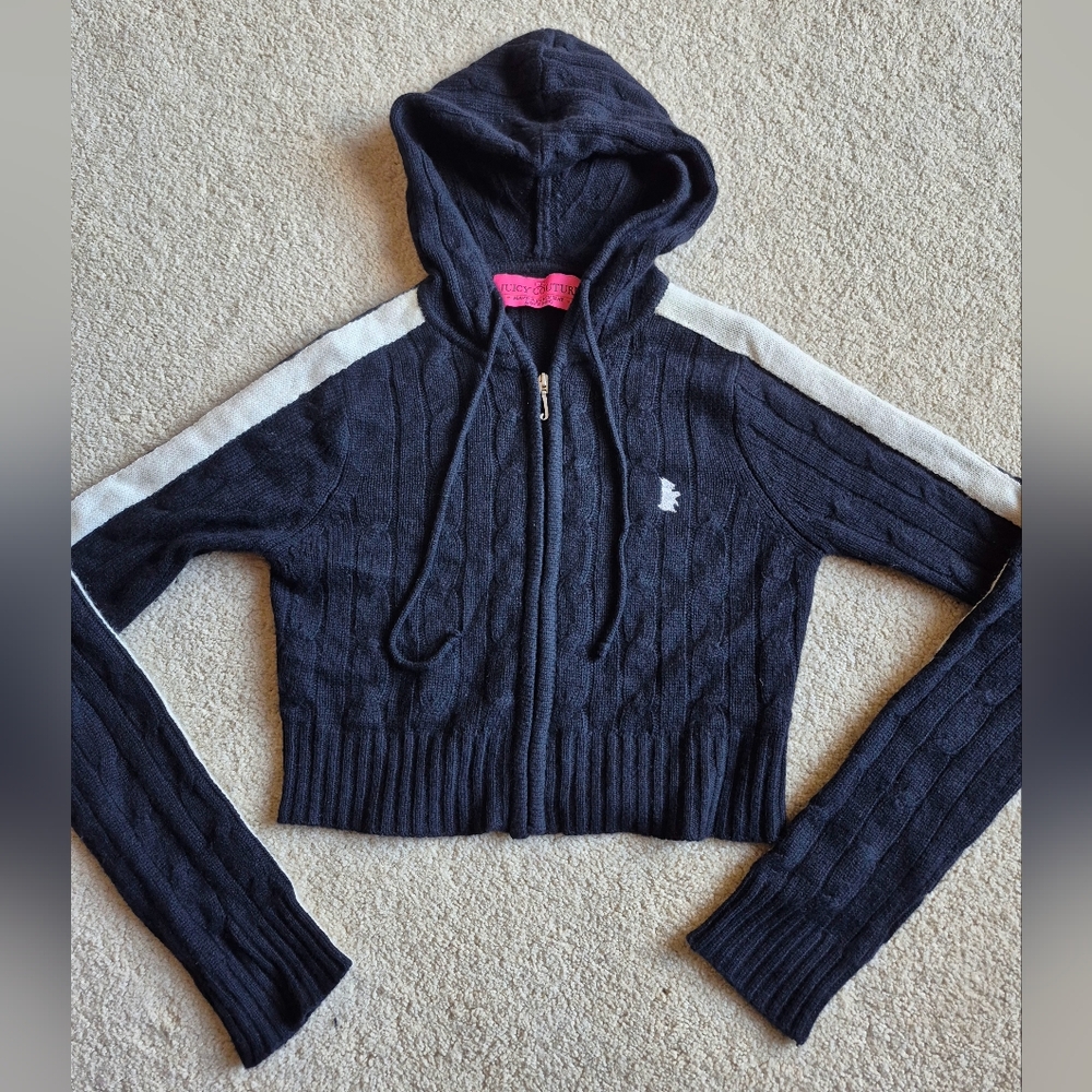 Rare Vintage Juicy Couture Cropped Black Cashmere Striped Hooded Jacket Size P
